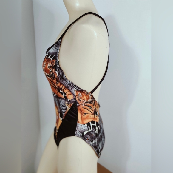 Safari animals Vintage one piece Swimsuit leotard body suit Back Out 80s S/M - Picture 3 of 7